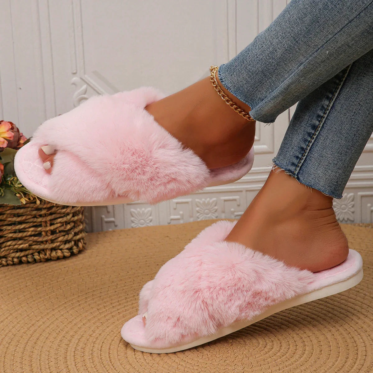 pantsparadises Faux Fur Corss Band Fuzzy Slippers Women Winter Warm Plush Indoor Fluffy Shoes Woman Soft Sole Open Toe Home Cotton Slippers