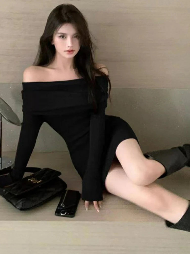 pantsparadises Christmas Oufits Sexy Dresses Women Backless Knitting Slim Y2k Girls Tender Korean Style Soft Casual Autumn Slash Neck Hotsweet Cozy New Clubwear