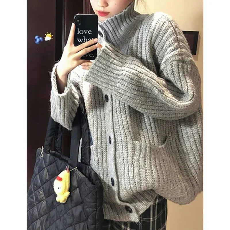 pantsparadises Loose Lazy Sweater Women Twist Fashion Knit Autumn Winter Warm Cardigan Harajuku Stand Collar Gray Vintage Female Jumpers