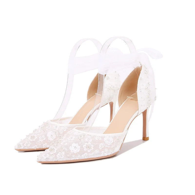 pantsparadises Size 33-42 Summer Beaded Women White Wedding Shoes Ankle Strap Pointed High Heel Pumps