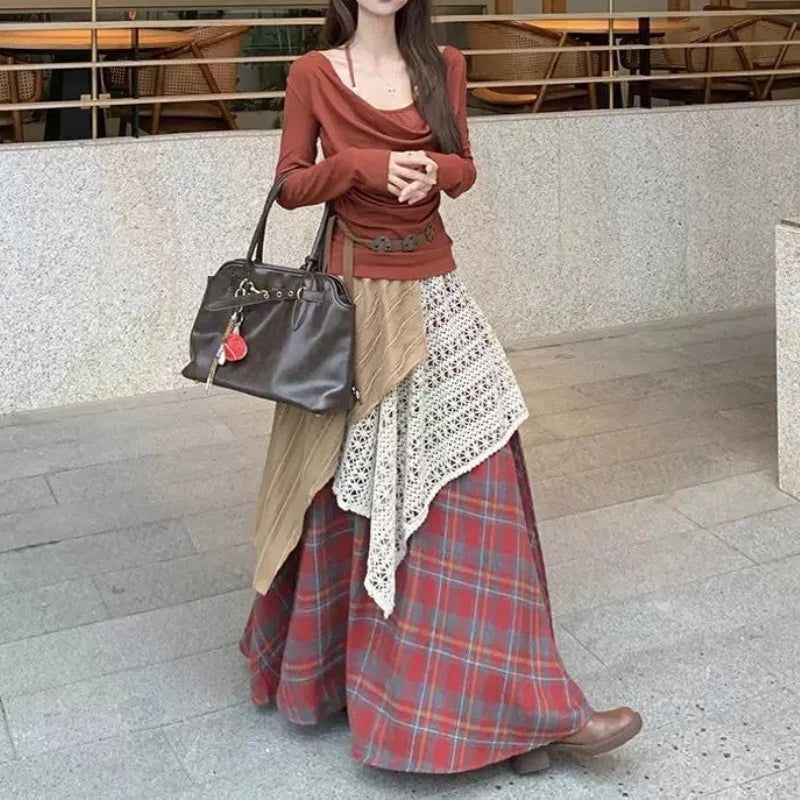 pantsparadises Vintage Long Skirt Women Japanese Style Patchwork Plaid Skirts Harajuku Loose Street Casual Ruffle Skirts Aesthetics