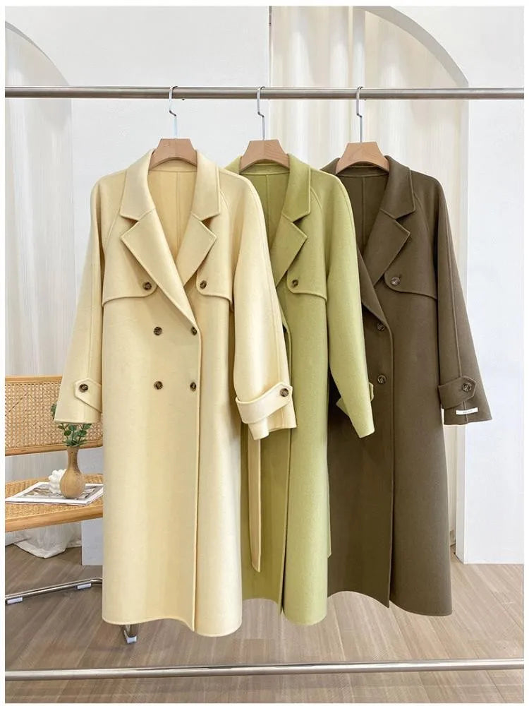 pantsparadises Korean Style Fall And Winter Double Breasted Long 100% Wool Coats Women Handmade Suit Collar Loose Lace Up Woolen Jackets