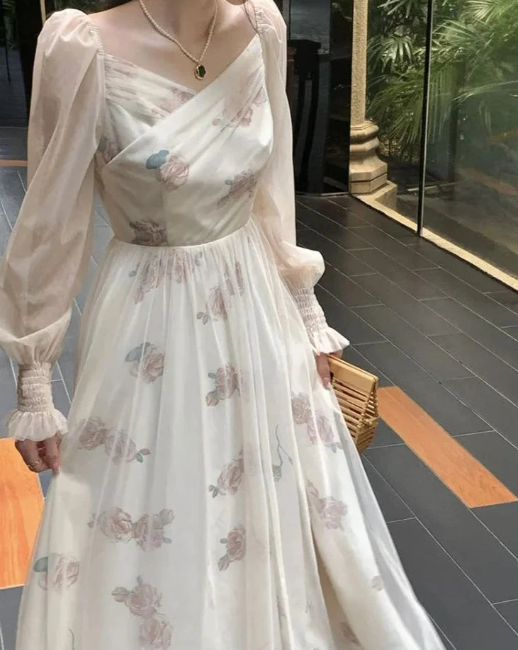 pantsparadises Mesh Vintage Long Sleeve Midi Dress Women Casual Korean V-neck Long Fairy Dresses Elegant Women's Dresses for Party 2024 Spring