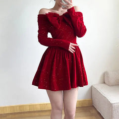 pantsparadises NEW YEAR DRESS Holiday Christmas Bow Velvet A-Line Red Dress Slim Slash Neck Long Sleeve Mini Dresses For Women Autumn Winter Lady