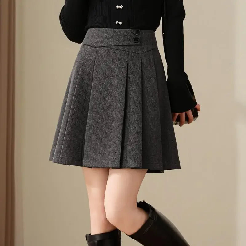 pantsparadises Preppy Style Pleated Wool Skirt Women Elegant Grey Sweet Mini Skirts Vintage Solid A-line Casual Autumn Short Skirts