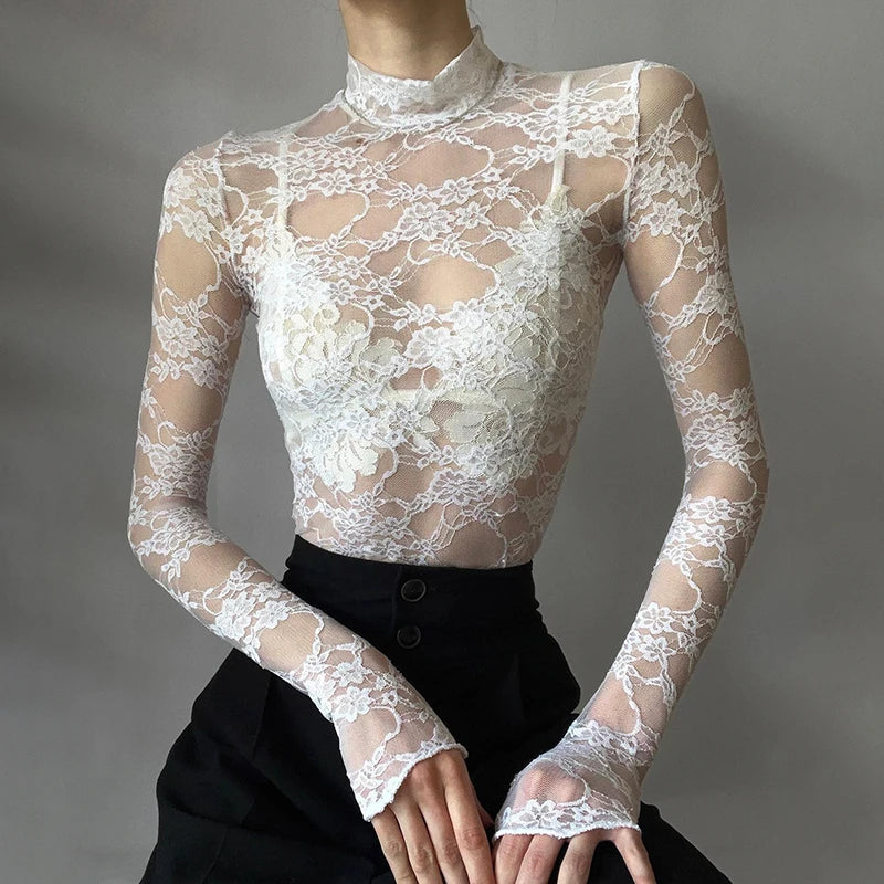 Transparent Lace Crop Top Women Elegant Sexy Solid White Long Sleeve Slim T-shirt Korean Fashion Shirts y2k Aesthetic Tee