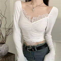 pantsparadises FALL OUTFIT Korean Crop Top Autumn Women Aesthetic V-neck Lace Patchwork Solid Color Tops Sexy Skinny Casual Long Sleeve T-shirt