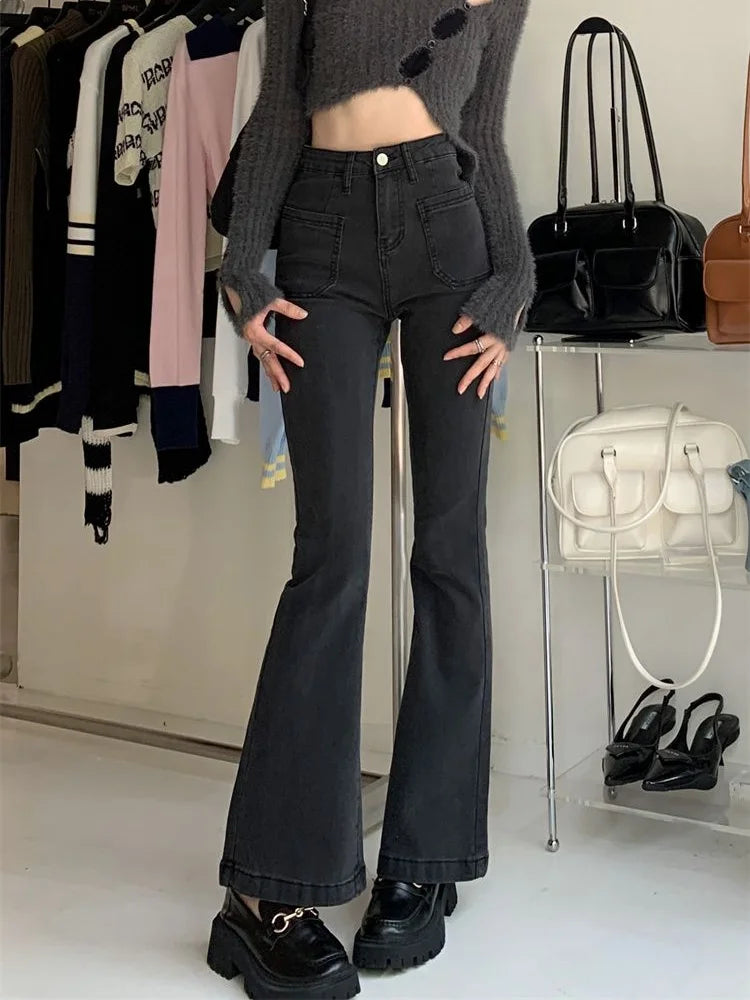 pantsparadises Black Gray High-waisted Flared Jeans Women's Retro Straight Elastic Slim Slim Wide-leg Flared Pants Female Trousers