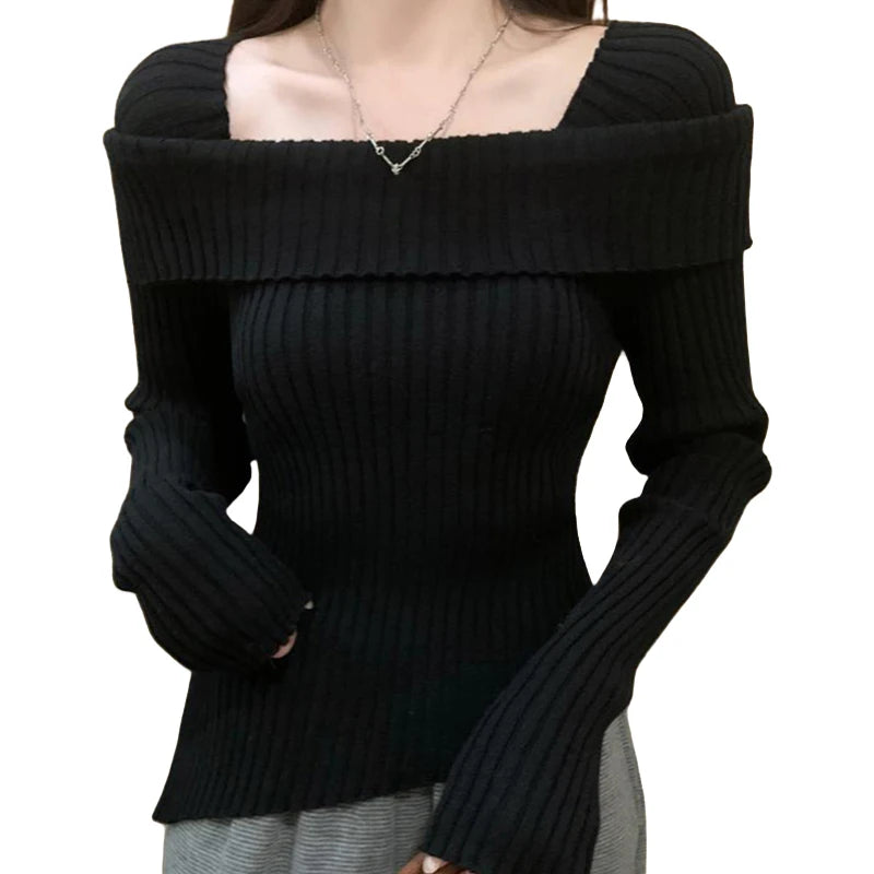 pantsparadises Women Knitted Sweater Solid Color Square Collar Long Sleeve Asymmetrical Hem Crop Top y2k Aesthetic Clothing Streetwear