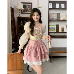 pantsparadises Autumn Pink Kawaii Mini Skrts Women Lace Patchwork Korean Fashion Party Skirt Female Casual Chic Designer Bandage Skirts