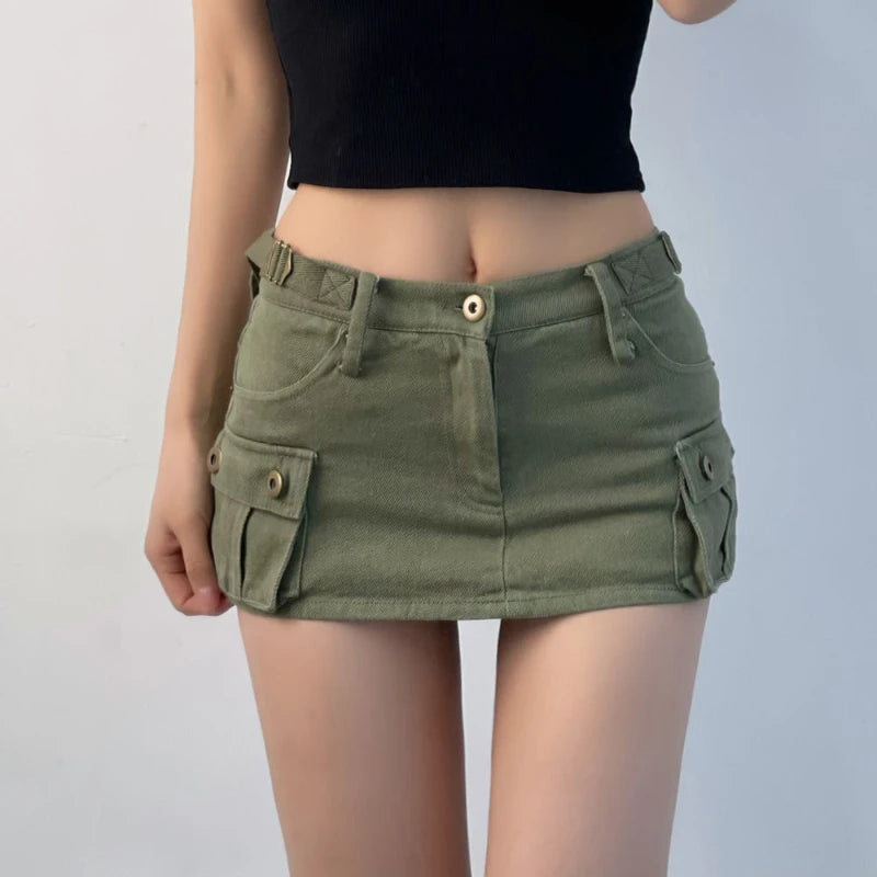 Denim Cargo Mini Skirt Women Korean Style Low Waist Slim Sexy Vintage Streetwear Green Jean Skirt Y2k Girl Summer