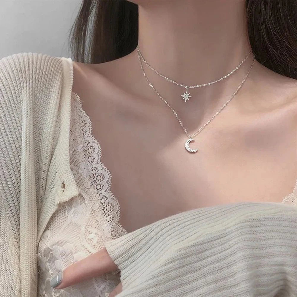 pantsparadises Simple Double Layer Star Moon Charm  Multilayered Necklace Delicate Clavicle Chain Zircon For Women Fashion Jewelry