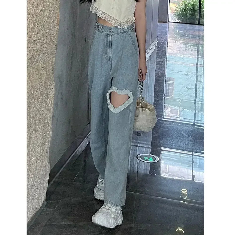 pantsparadises Harajuku Cyber Y2k Trousers Sweet Korean Style Kawaii Lace Stitching Jeans Women Love Hole Streetwear High-waist Wide-leg Pants