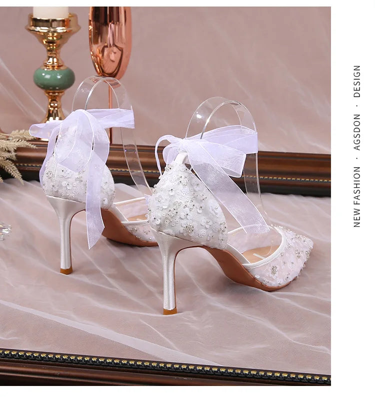 pantsparadises Size 33-42 Summer Beaded Women White Wedding Shoes Ankle Strap Pointed High Heel Pumps