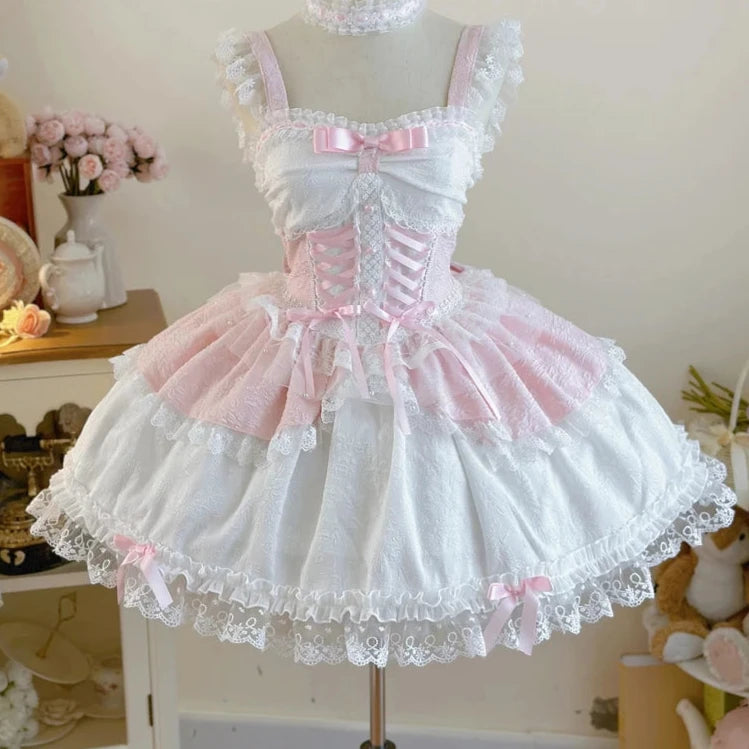 pantsparadises Japanese Sweet Lolita Jsk Dress Women Elegant Ruffles Lace Bandage Princess Strap Dresses Girls Y2k Kawaii Tea Party Mini Dress