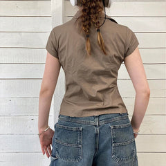 pantsparadises Women Khaki Safari Shirts with Pocket Casual Short Sleeve Work Tshirt Vintage Street Outfits Button Up Crop Tops