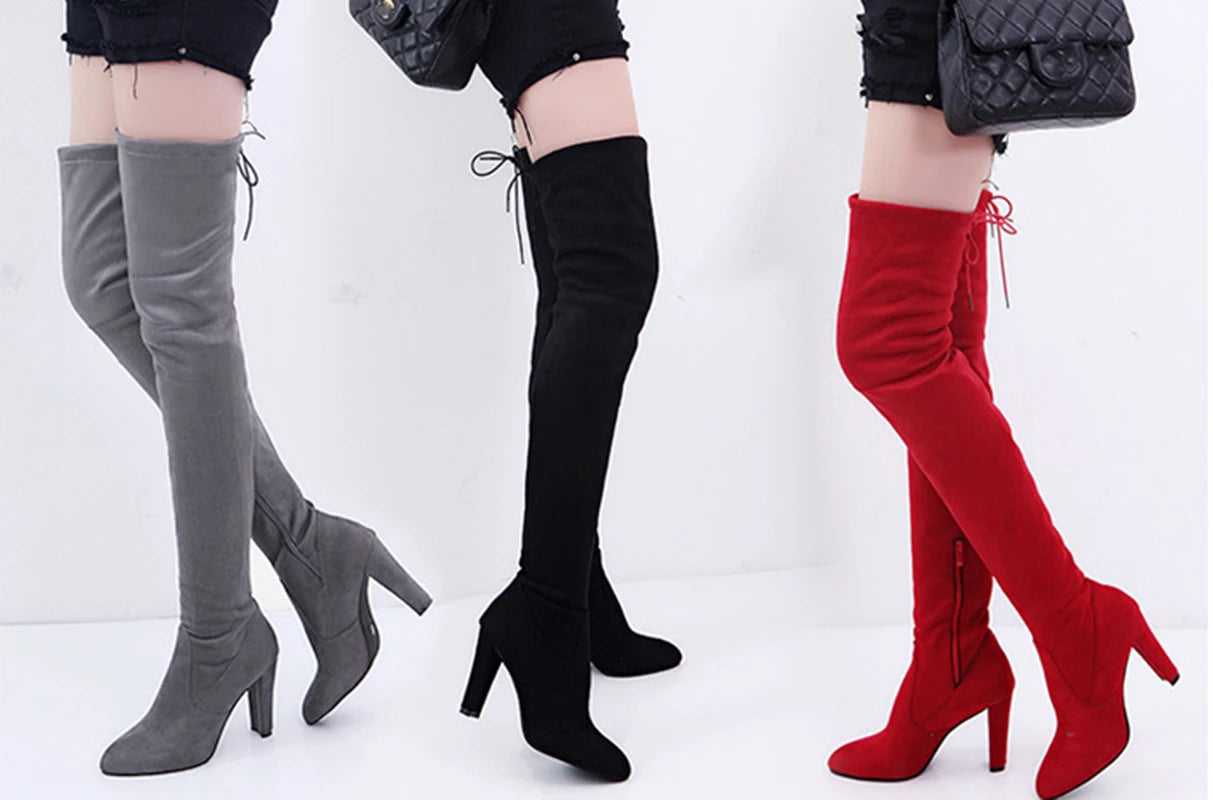 pantsparadises Women Spring Autumn New Fashion Side Zipper Long Boots Were Thin High-heeled Thick Suede Over-the-knee Ladies Black Gray Shoes