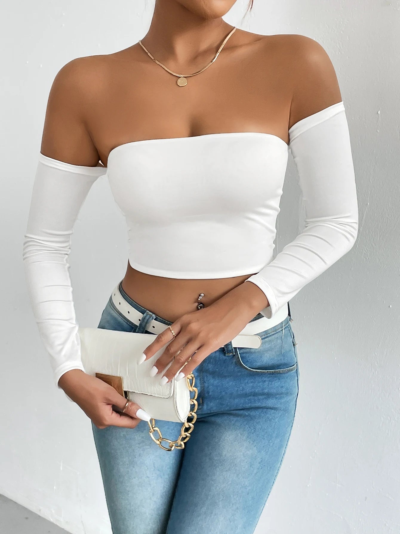 pantsparadises Off Shoulder Crop T-Shirt, Casual Long Sleeve Top For Spring & Fall, Women's Clothing