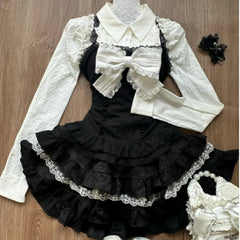 pantsparadises Y2k Aesthetic Lolita Style 3 Piece Set Women Kawaii White Shirt Bow Lace Vest Ruffle Mini Skirts Japan Fashion Gothic Skirt Suit