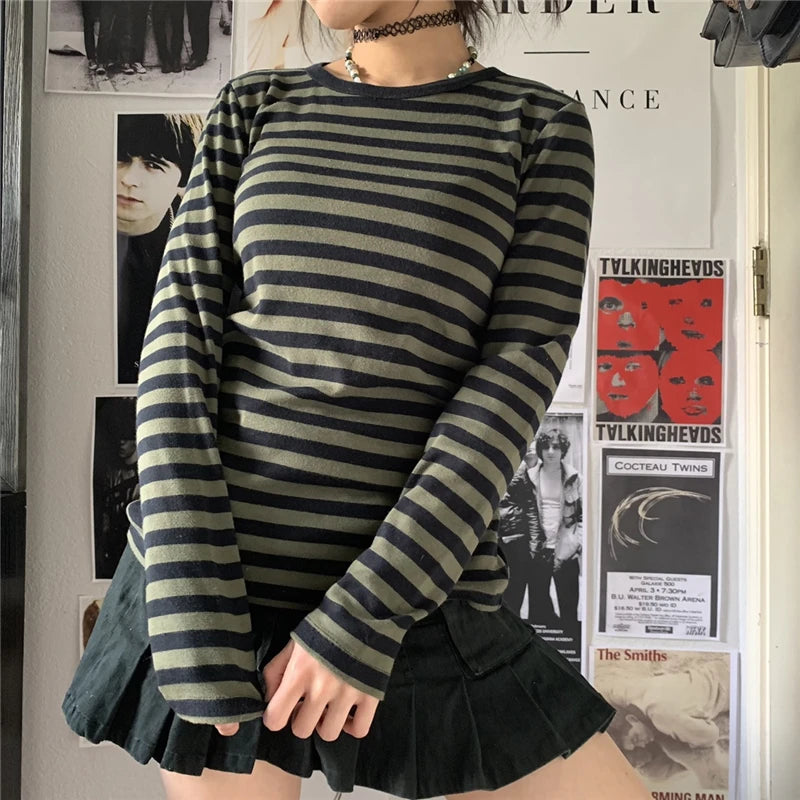 pantsparadises y2k Women T Shirt Streetwear Striped Long Sleeve T-Shirt Pullover Tops Teen Girl T-Shirt 2000s Aesthetic Gothic Clothes