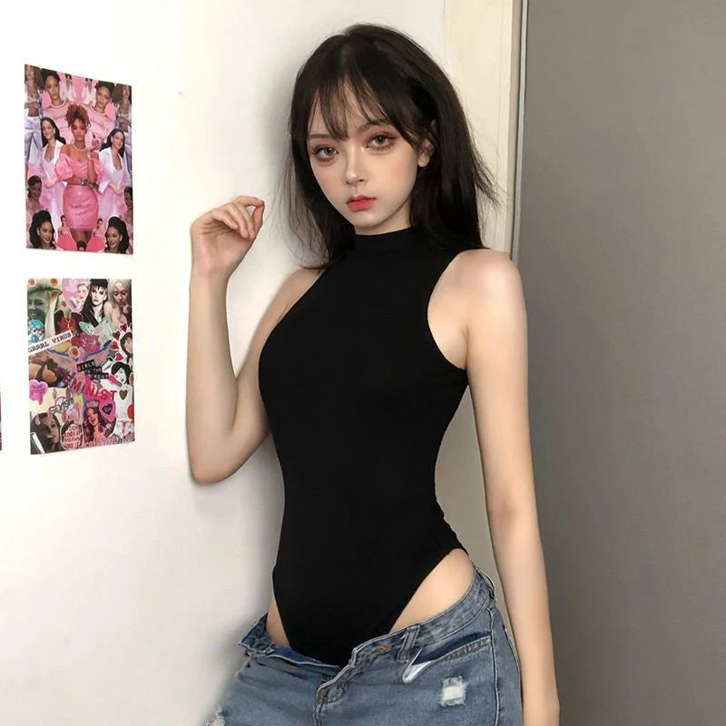 pantsparadises Harajuku Black Women T Shirt Y2K Sexy Slim Sleeveless Female Casual Tees Summer Gothic Ladies Bodysuits Clothing Jumpsuit