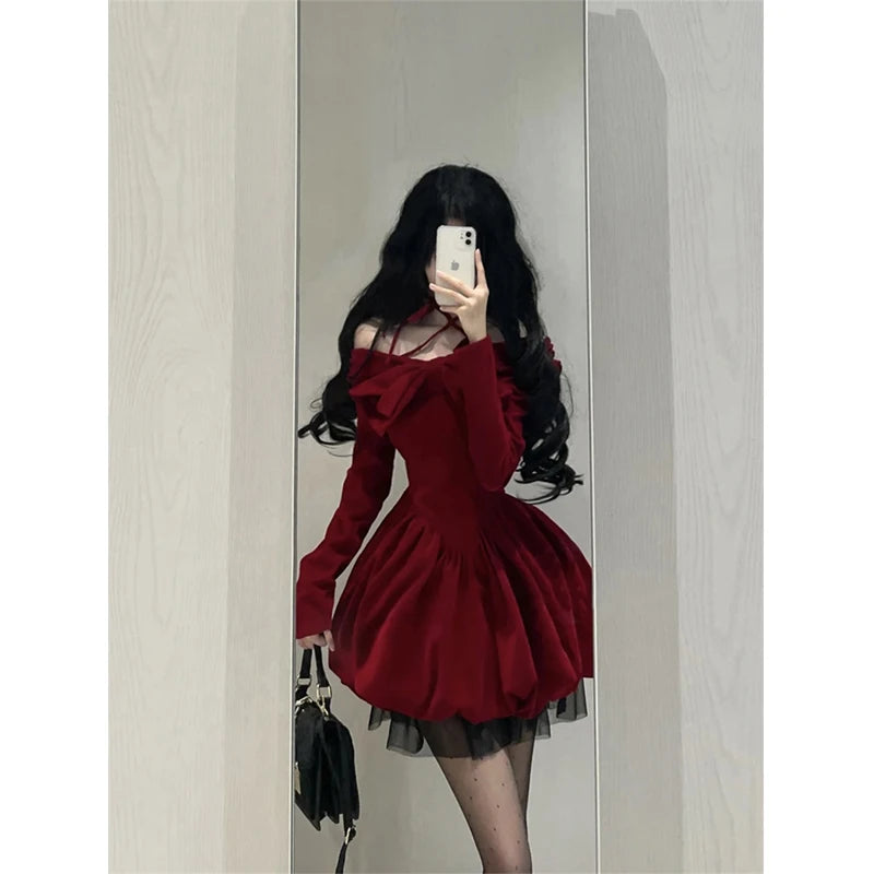 pantsparadises Vintage Bow Mini Dress Women Y2K Sexy Slash Neck Red Velvet Dresses Winter Kawaii Christmas Party Bodycon A Line Vestidos