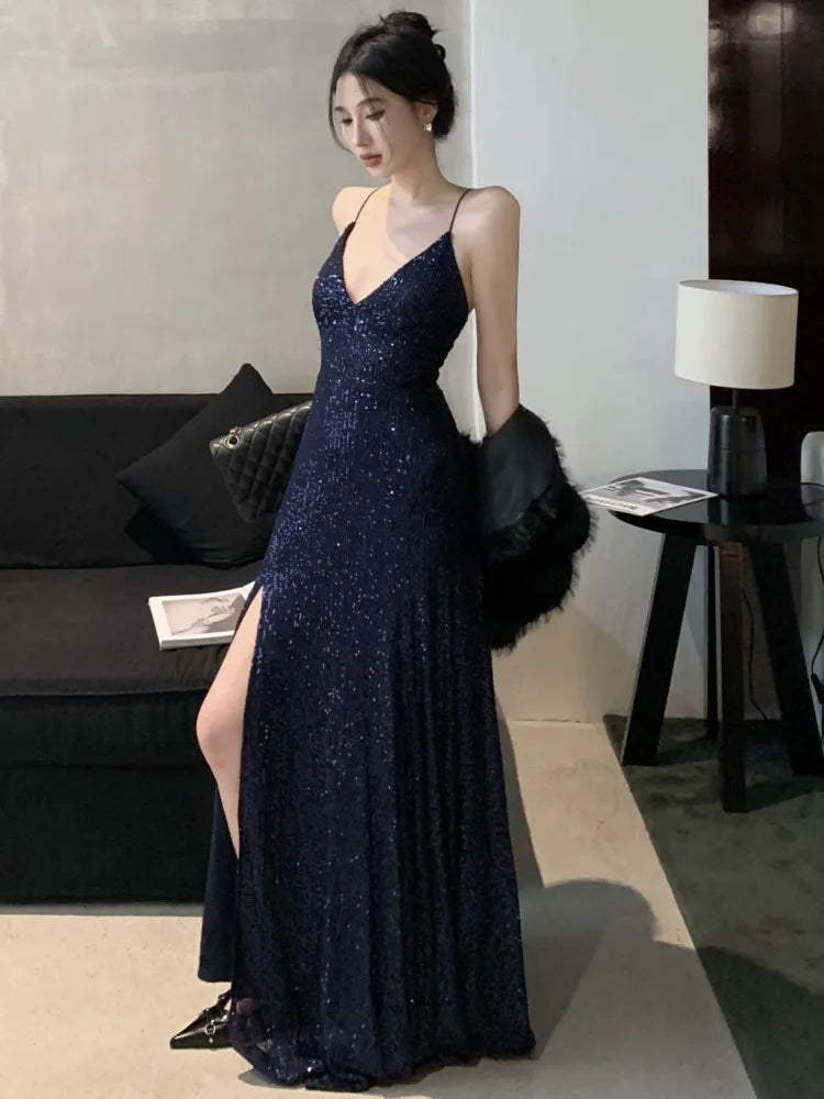 pantsparadises Women's Backless V-Neck Split Maxi Dress Sexy Slim Evening Gown Luxury Dresses Fashion Robe Birthday Party Spring Autumn New