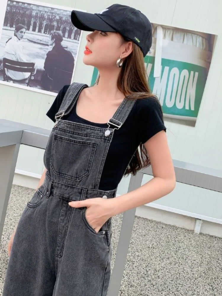 pantsparadises Preppy Style Loose Denim Jumpsuits Women Chic Vintage Patchwork Streetwear Overalls BF Spring Designed Popular Ins Hot All-match