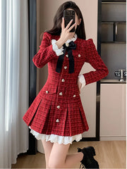 pantsparadises French Light Luxury Tweed Pleated Dress Korean Sweet Long Sleeve Heart-shaped Buckle Ruffle Chic Office Ladies Vintage Dresses