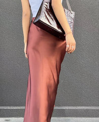 pantsparadises Silk Satin Skirts for Women 2024 Summer Casual Style A-line Solid Color Elastic High Waist Side Slit Champagne Skirt