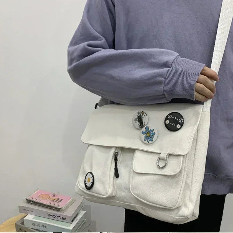 pantsparadises Fashion Women Canvas Shoulder Bags for Youth Casual Ladies Large Capacity Crossbody Bags Solid Handbags Messenger Bags for Women