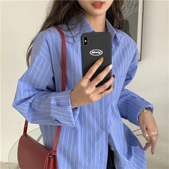 pantsparadises Shirts Women Blue Striped Loose Harajuku Long Sleeve Casual Spring Tops Students All-match Fashion Simple Korean Ulzzang Chic BF