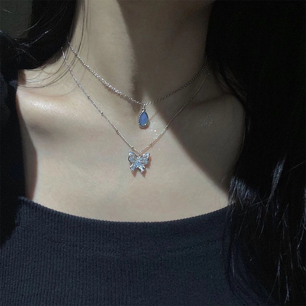 pantsparadises Simple Double Layer Star Moon Charm  Multilayered Necklace Delicate Clavicle Chain Zircon For Women Fashion Jewelry