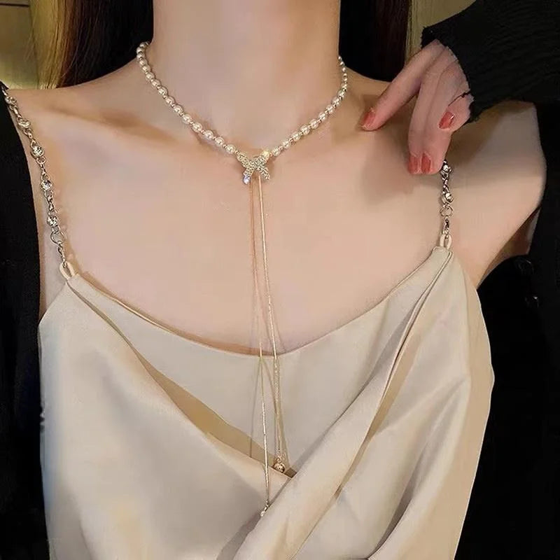 pantsparadises Fashion Pearl Necklace Elegant Big White Imitation Pearl Bead Necklace Charm Romantic Clavicle Chain Wedding Party Jewelry Gift