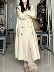 Winter Korean Long Woollen Coat Women Double Breasted Chic Warm Loose Casual Coat Female Fashion Office Lady Trench Jackets