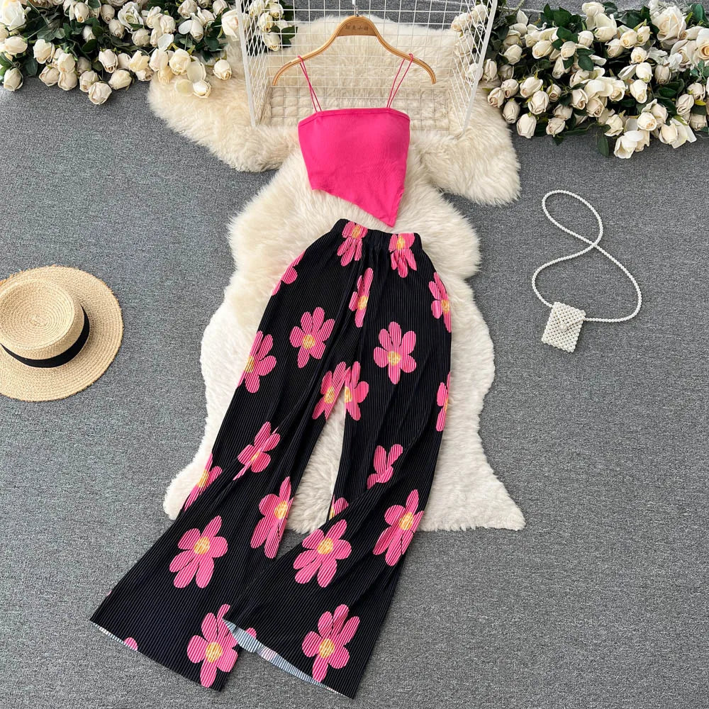 pantsparadises Summer Spaghetti Strap Crop Tops and Pantsuit Women Elegant Floral Casual Chic Beach Holiday Outfits Female Sexy 2 Pieces Set