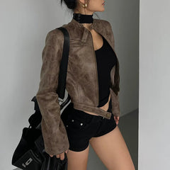 pantsparadises Stand Collar Jacket Leather Short Coat Women Autumn New Straight Tube Slim Short Motorcycle Jacket Korean Sweet