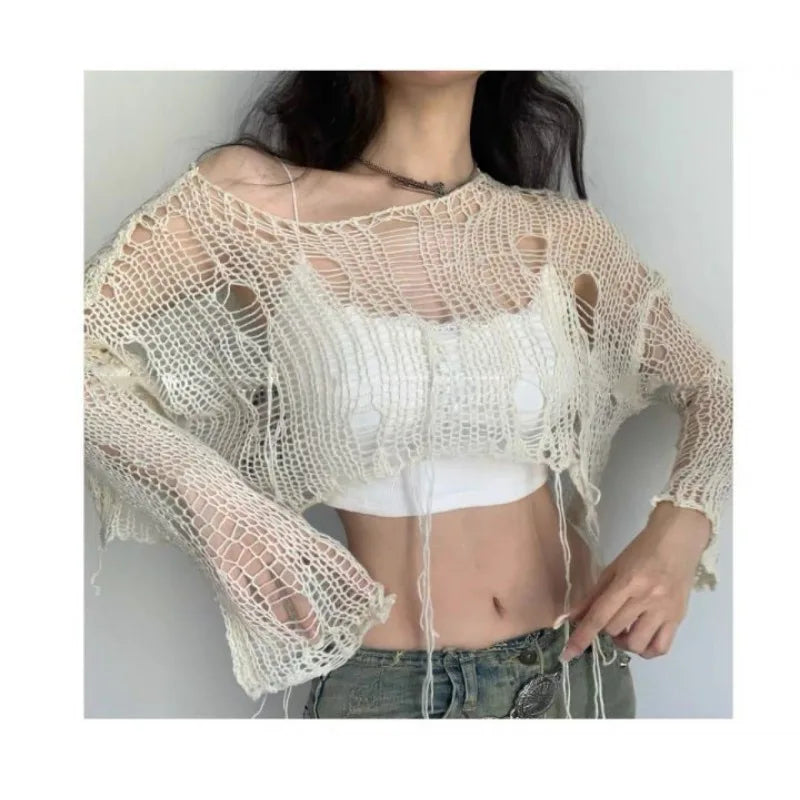 pantsparadises Y2K White Women's Sweater Hollow Out Knitwear Cropped Pullovers Spring Short Networks Jumper Vintage