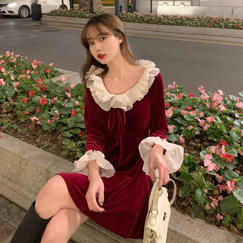 pantsparadises Christmas Red Dress Woman Autumn French Ruffle Velvet Splice Dress Ladies Flared Sleeve Bow Slim Party Mini Dress