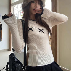 pantsparadises Korean Style Elegant Sweaters Sweet Vintage Long Sleeve Knitted Pullover Autumn Winter Patchwork Sweaters Aesthetics