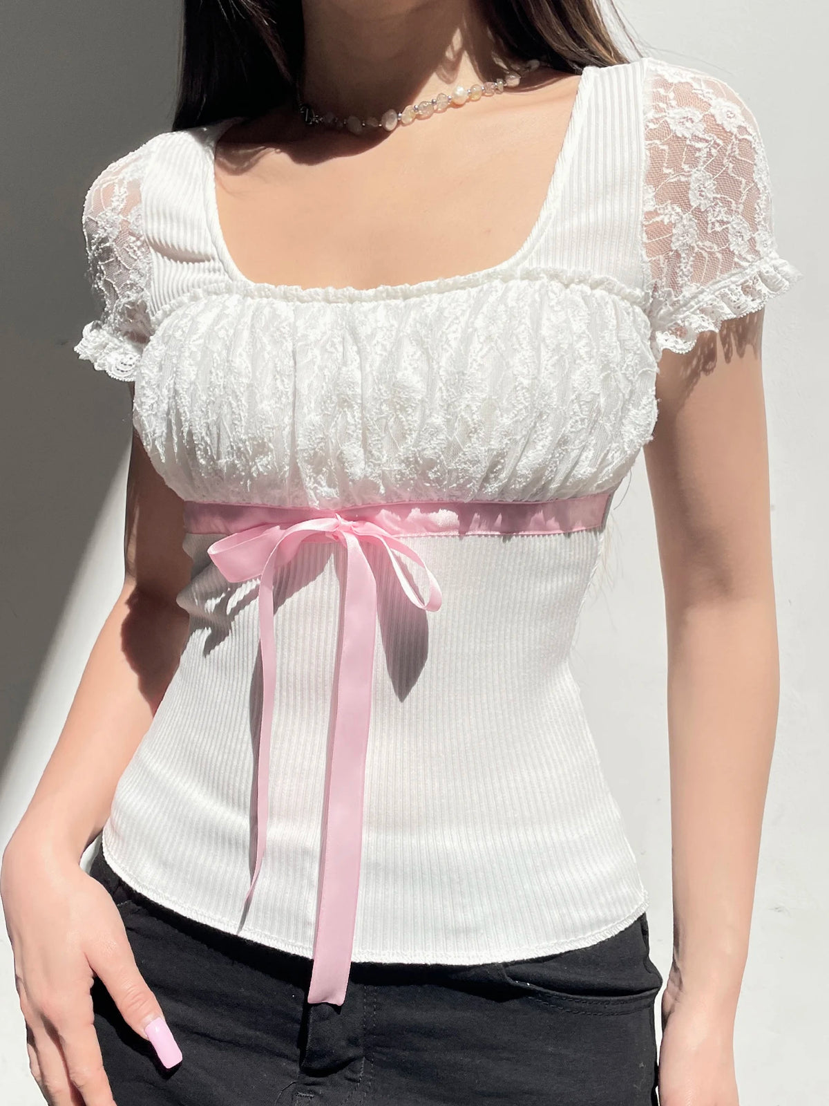 Sweet Y2K Ruched Square Collar Lace Sleeve White T Shirt Women Pink Bow Cute Kawaii Balletcore Clothes