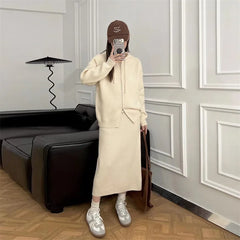 pantsparadises Korean Lazy Style Women Knitted Sweater Casual Set Autumn Winter Hooded Zipper Cardigan Tops Knitwear Long Skirt Two-piece Suit