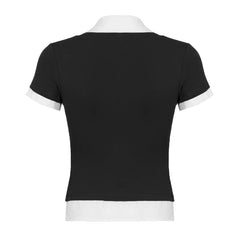 pantsparadises Preppy Style Fake Two-piece Cropped Top Chic Patchwork Turn Down Neck Short Sleeve T-shirt y2k Harajuku Women Black Shirt