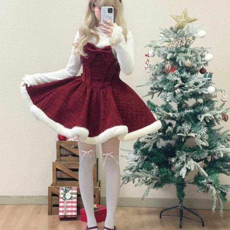 pantsparadises Christmas Outfits Sweet Lolita Style Dress Sets Women Elegant Bow Plush Shawl Short Jackets Mini Skirts Suit Kawaii Christmas New Year 3 Piece Set