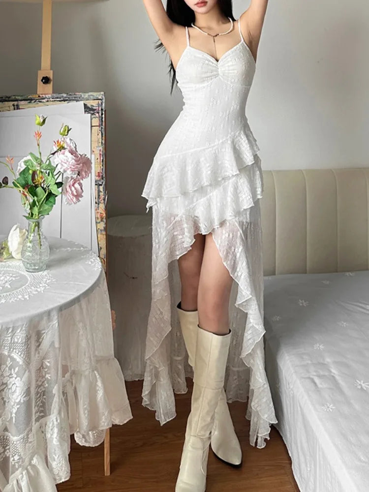 pantsparadises Summer Streetwear Vintage Dresses Grunge Y2k Aesthetic Irregular Ruffled Vestido Slim Fit Harajuku Woman Backless Dress