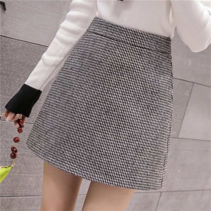 pantsparadises skirt outfits winter Autumn Winter New Fashion Plaid A-Line Mini Skirt Women High Waist Woolen Skirt Female Casual All-match Basic Skirt