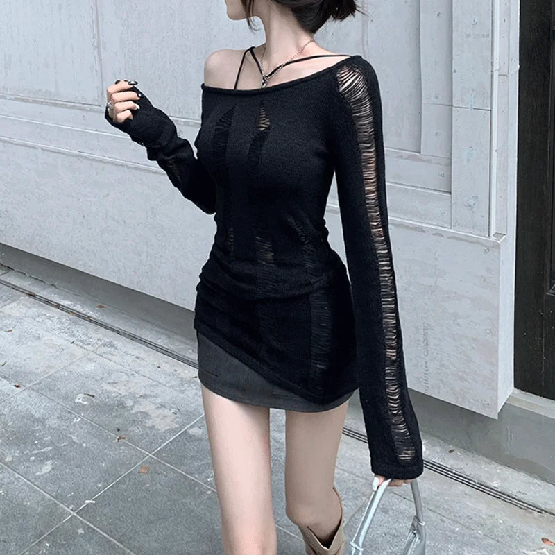 BACK TO SCHOOL OUTFIT Women Dark Goth Split Hole Knit Sweaters Black Gothic Lady Hollow Out Cool Pullover Sweater Autumn Sexy See Through Pull Jumpers