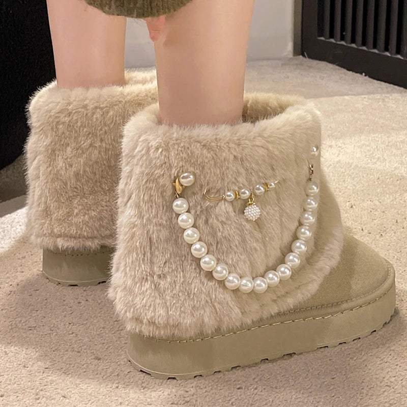 pantsparadises Winter New String Bead Plush Women's Boots Warm Stylish Thick Platform Slip On Boots Faux Fur Plus Size 43 Ankle Botas Shoes