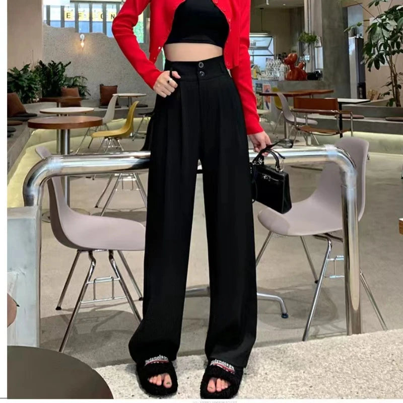 pantsparadises Women’s Wide Leg Pants Women Korean Style High Waist Black Trouser Office Ladies Fashion Loose Grey Suit Trousers Streetwear