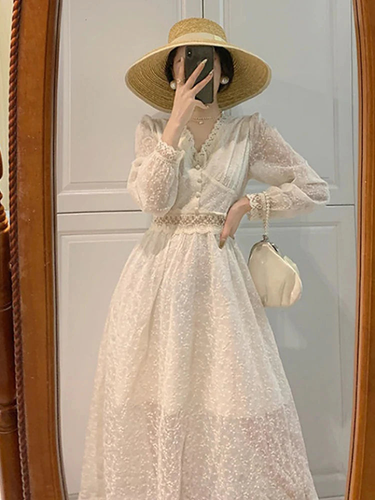 pantsparadises Summer Elegant Lace Fairy Dresses Women Embroidery Mesh Sweet Party Long Dress Female Elegant Korean Lolita Princess Dress